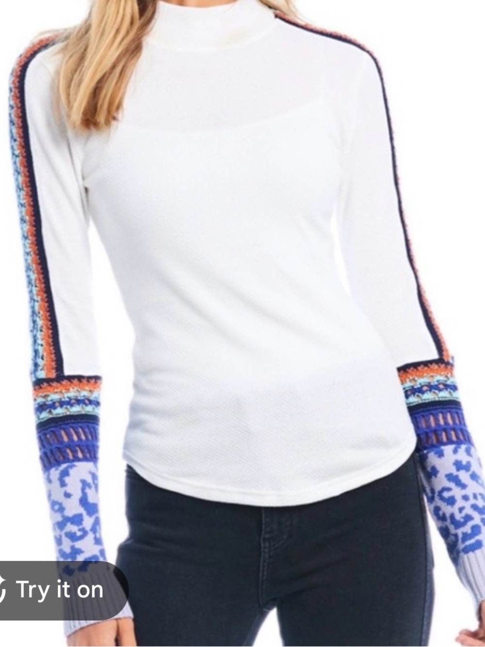 Free People Thermal Top with Blue Patterned Sleeves